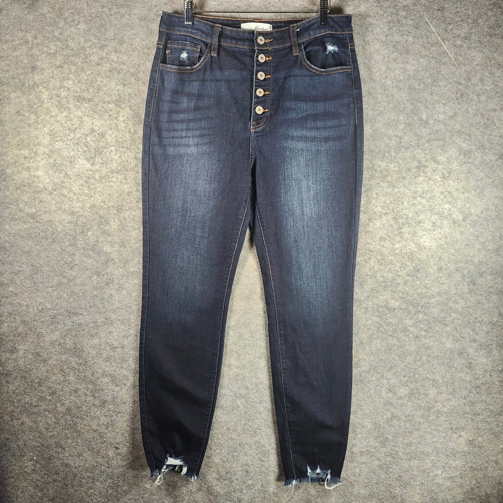 Kancan Womens Size 13/30 Dark Wash Button Fly Distressed Ankle Jeans‎ Frayed Hem